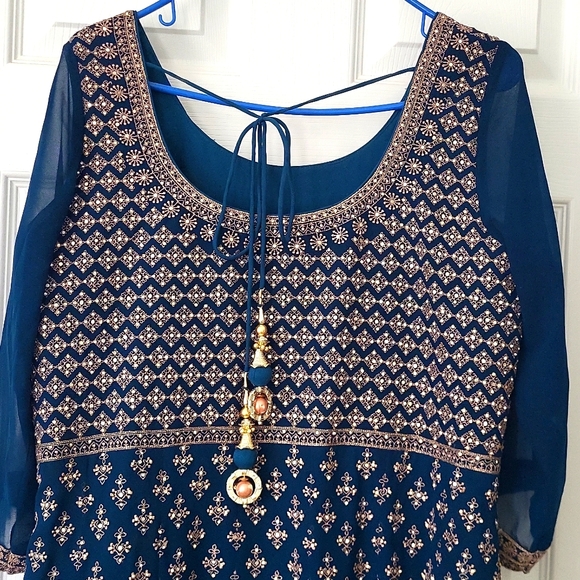 Gorgeous floor length a-line anarkali gown in peacock blue color. Bust size 42 - Picture 4 of 10